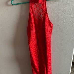 Agaci high neck open back red dress with lace detail XS